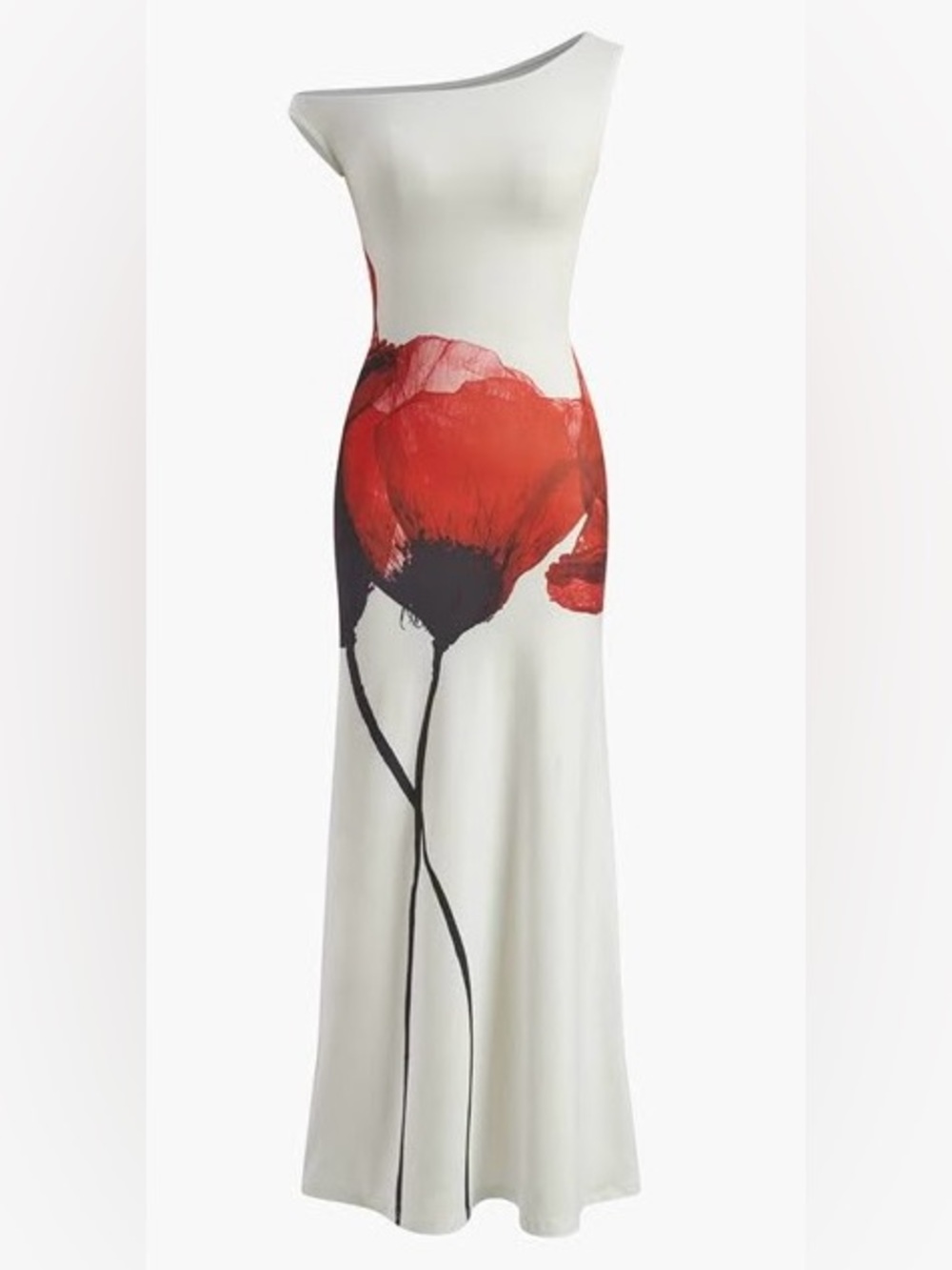 Commense One-Shoulder White Dress with Red Floral Print